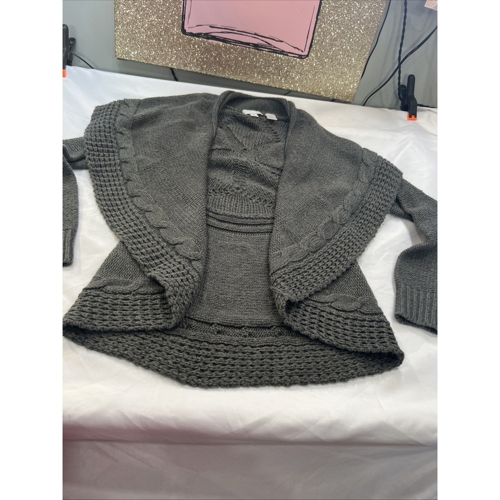 New York Womens M Cardigan Sweater Gray Cable Knit One Button Open Warm Hang